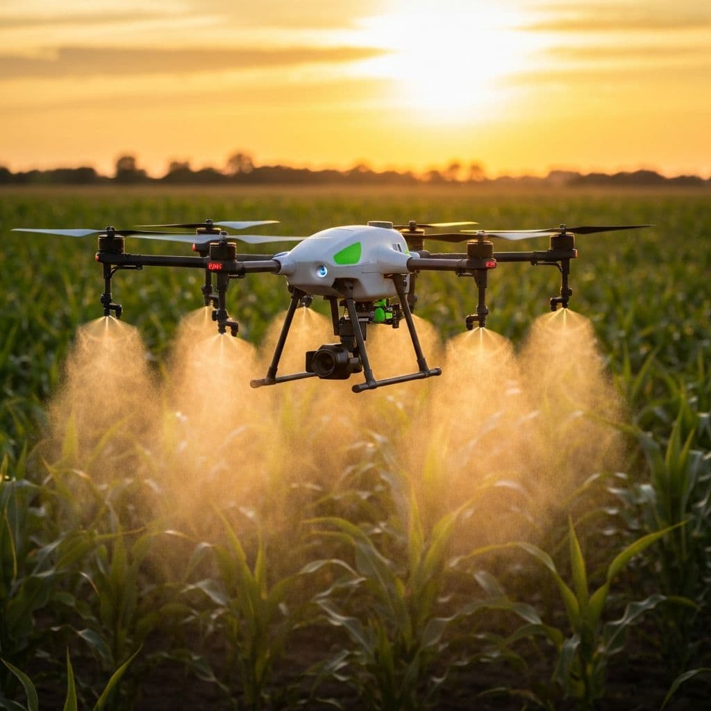 Дрон оприскує посіви на заході сонця
