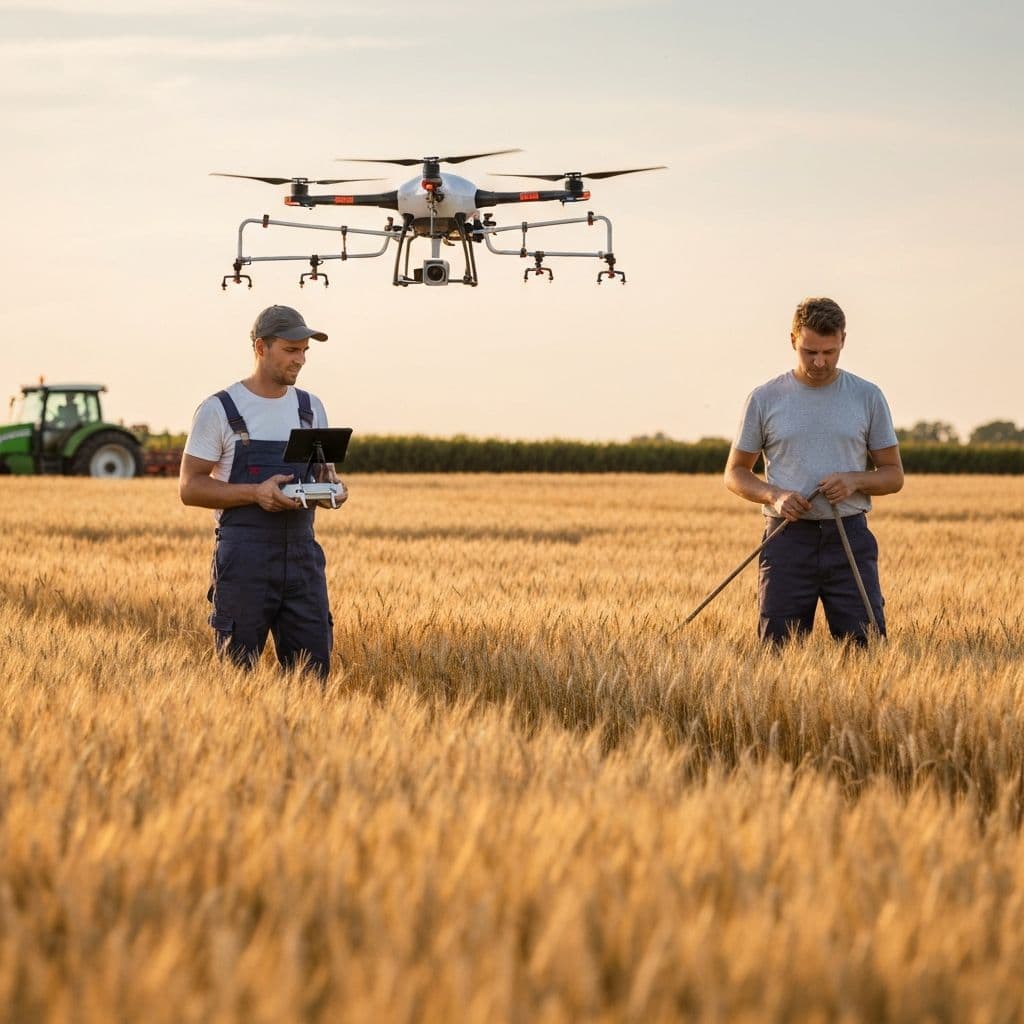 Агродрон над пшеничним полем у сутінках